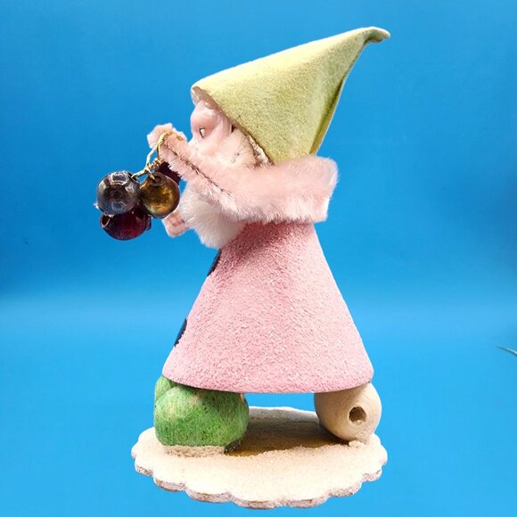 Vintage 1950s Putz Elf Ornament Japan • Pink Mica Glitter Coat • Green Flocked H - Picture 3 of 8